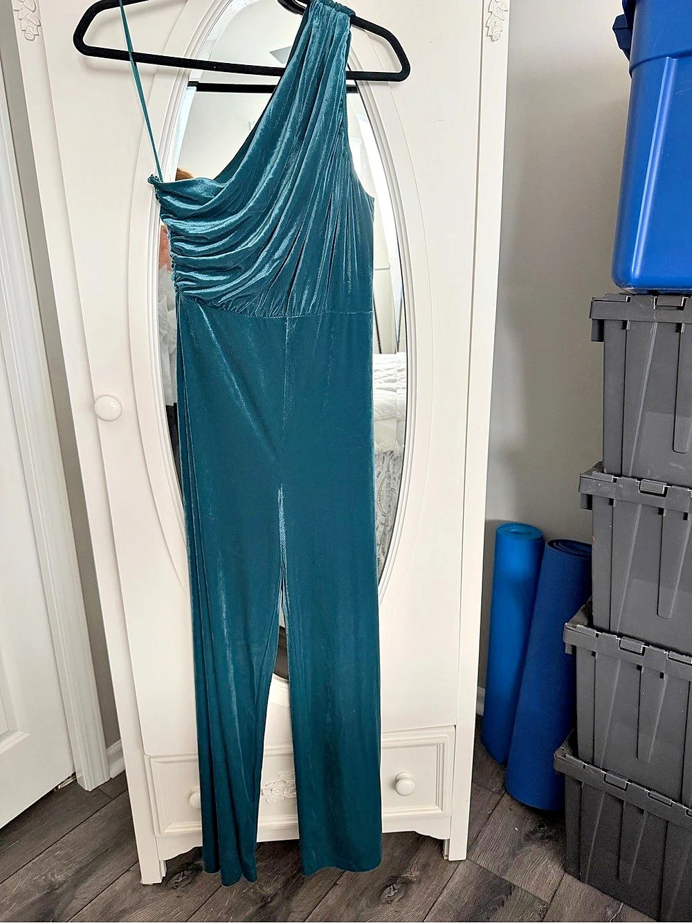 Express Velvet One Shoulder Ruched Wide Leg Jumpsuit